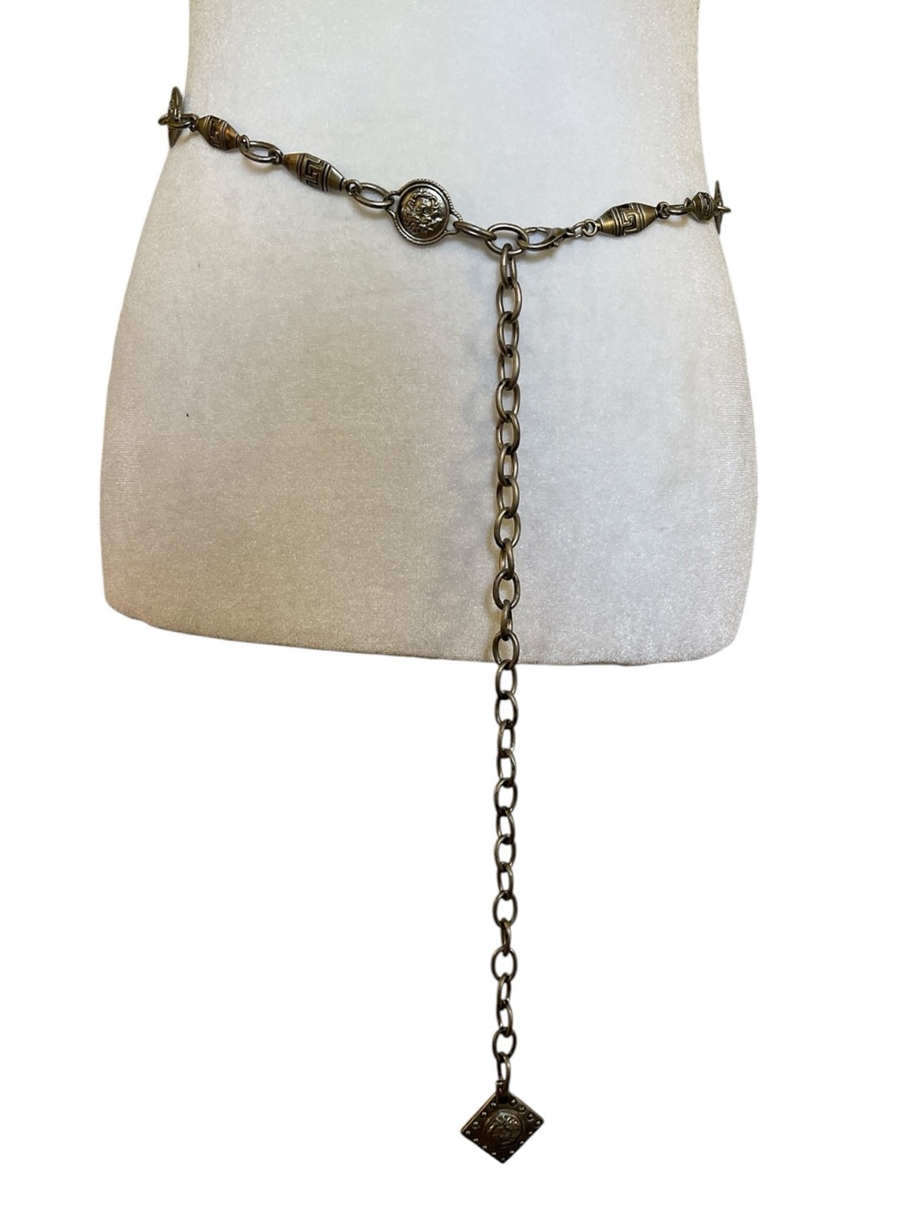 Vintage Antiqued Pewter Tone Medusa Coin Chain Belt Greek Key Adjustable 40”